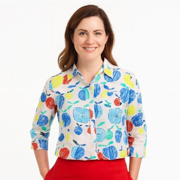 Talbots Womens Shirt Apple Multicolor Roll Tab Sleeve Button Up Petite Size Lp - Picture 1 of 12